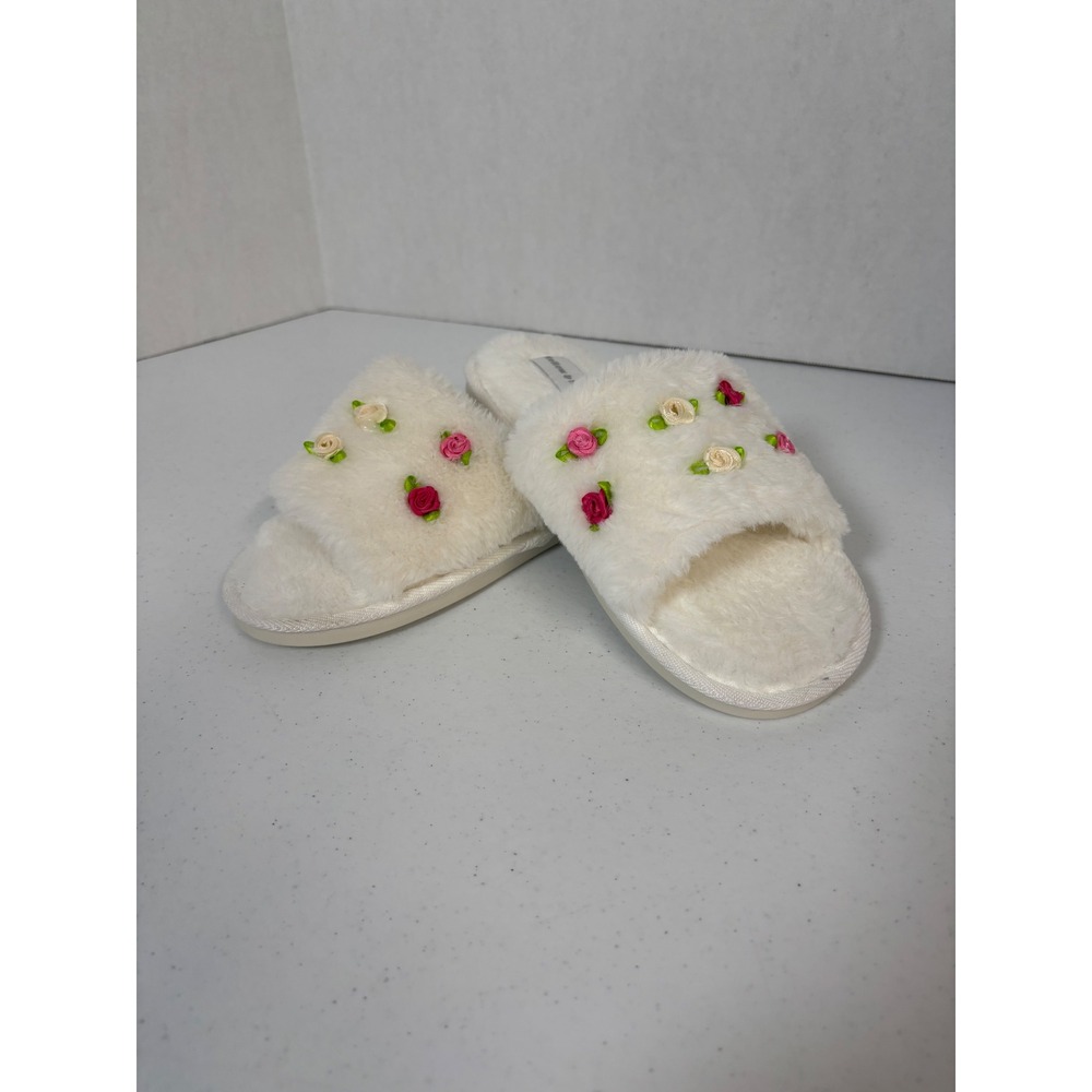 Mellow & Mod Women Cream Faux Fur Ribbon Rosebud Floral Slide Slippers US L